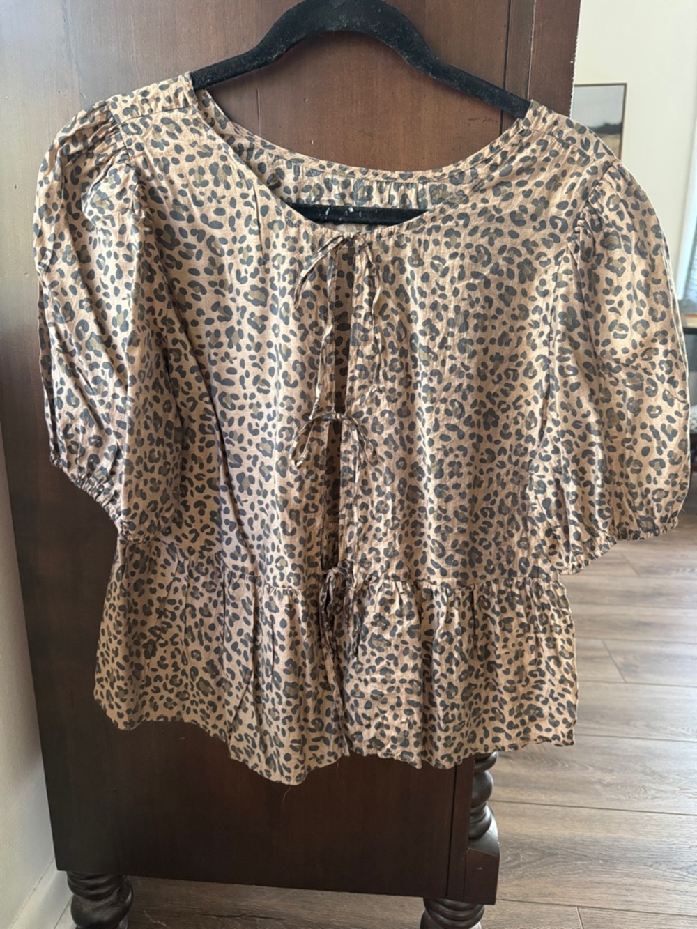 American Eagle Outfitters Leopard Print Tie-Front Peplum Top - Tan & Black